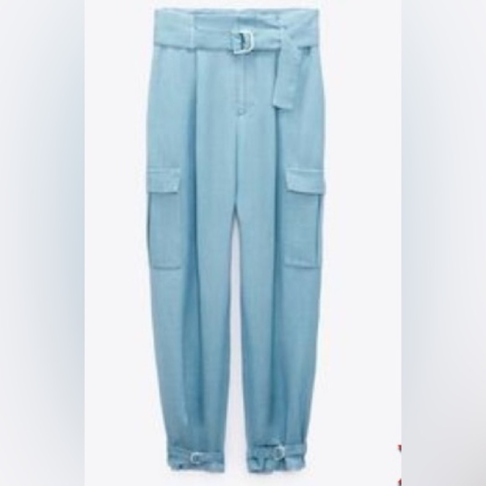 Zara blue cargo pants adjustable belt and ankle ties. Size XL NWOT never worn